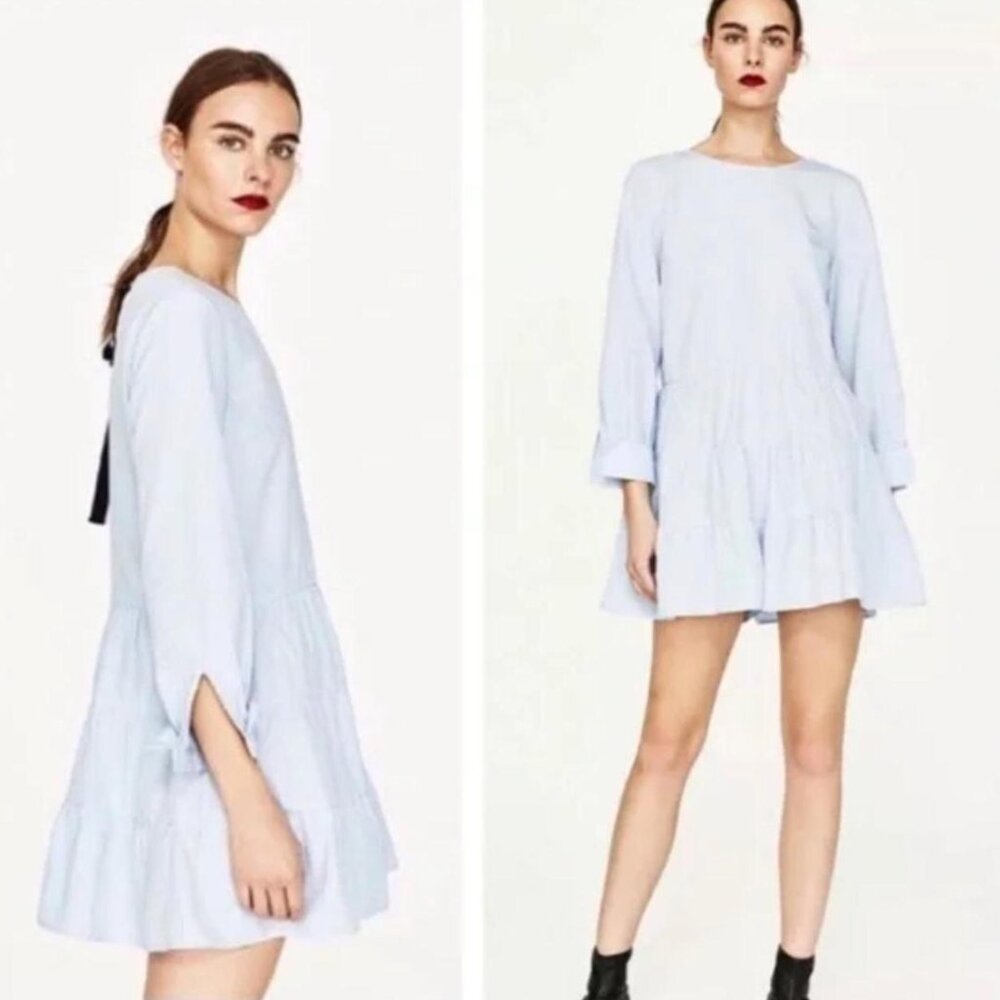 *Zara Baby Blue Ruffled Hem Romper Dress